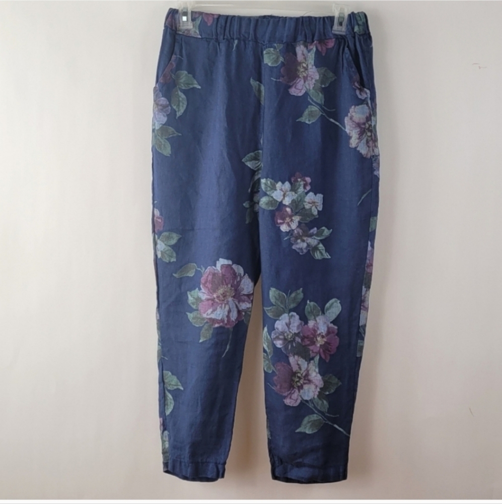 STEIN MART Linen Ankle Crop Floral Blue Pants